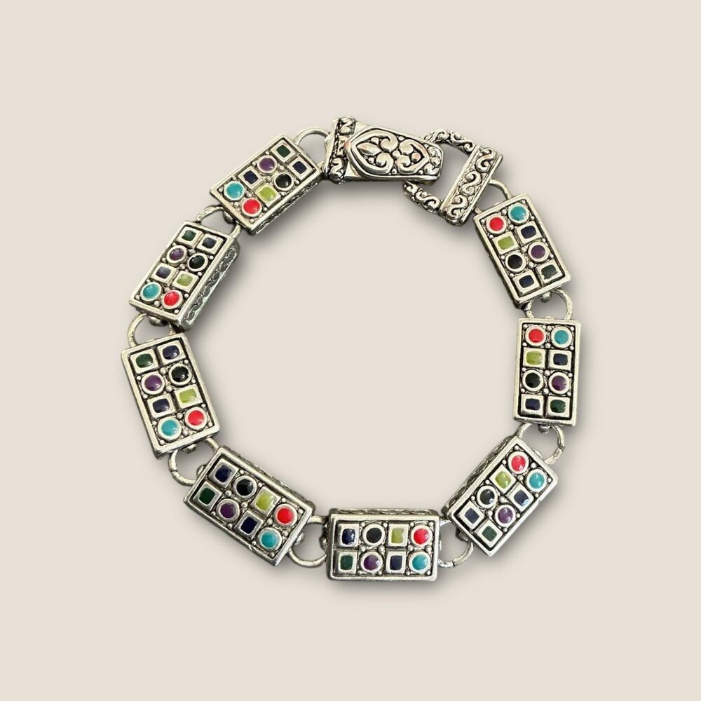 Vintage  Colorful Silver-Tone Enamel Bracelet With Magnetic Clasp 7.5 Inches